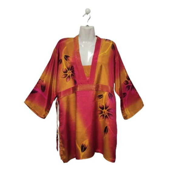 Orange and Red Floral Batik Tunic Blouse Top Size S/M - Picture 4 of 13